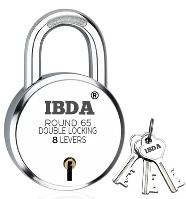 IBDA Round 65mm Lock | Double Locking | 8 Levers' Technology | Rivetless Steel Body Padlock(Silver)