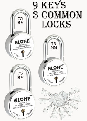 alone Round 75mm Lock for Home Gate Shop & Shutter, 9 Same Keys 3 Locks (Pack3) Padlock(Silver, Chrome)