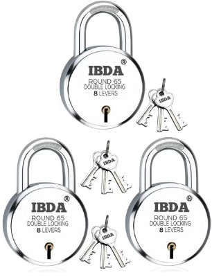 IBDA Round 65mm 3 Locks | Double Locking | 8 Levers' Technology | Rivetless Steel Padlock(Silver)