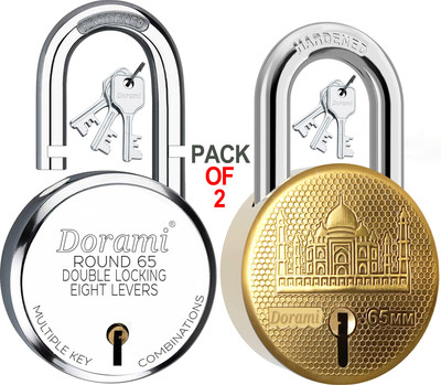 Dorami Round 65mm Lock | Hardened Shackle | Double Locking | Made In India (Pack 2) Padlock(Silver)