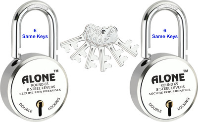 alone Round 65mm 6 Same Keys 2 Padlocks for home door gate shutter shop Padlock(S.S, Chrome)