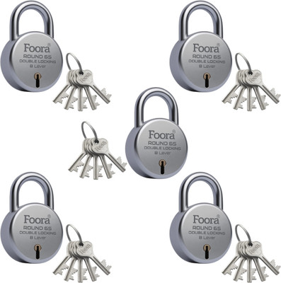 Foora Round 65 With 5 Keys (Pack of 5) – Double Locking Lock Padlock(Silver)