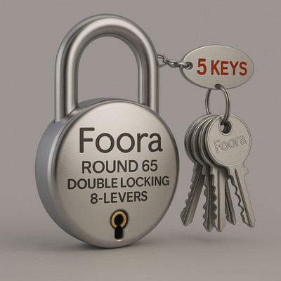 Foora Round 65 Lock with 5 Keys | Double Locking 8 Lever Padlock for Home, Shutter Padlock(Silver)