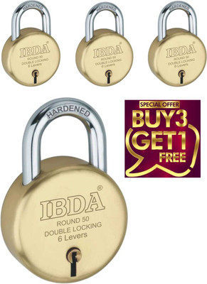 IBDA small lock & key |Pack of 4|Double Locking|6 Levers| Rivetless Steel Body Lock(Gold)