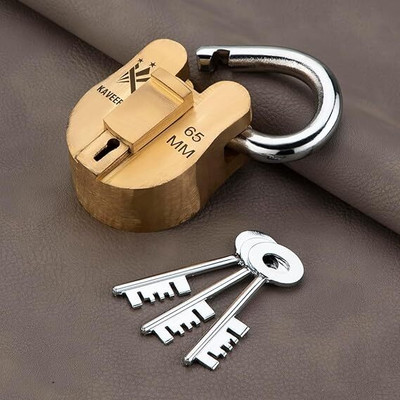 KAVEERA Padlock 65mm with 3 Keys Brass Material U Lock(Golden)