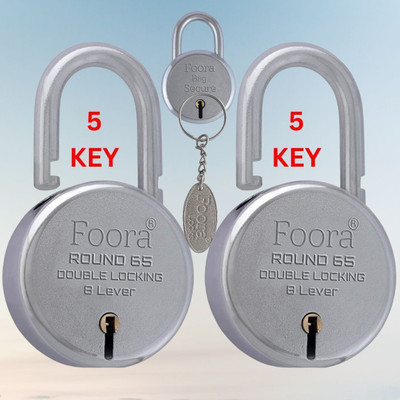 Foora Buy 2 and 1 Bag Lock and key Round 65 with 5 keys. 8 lever Pack of 3 home Padlock(Silver)