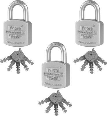 Foora Primeguard 60 Push Lock (Pack Of 3) with 5 Keys – Heavy Duty Security Padlock Padlock(Silver)