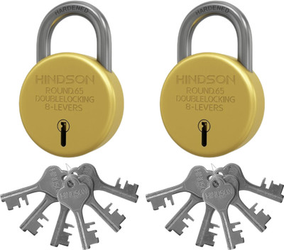 HINDSON Round 65mm Gold Lock with 6 Keys | Pack Of 2 Padlock(Silver)