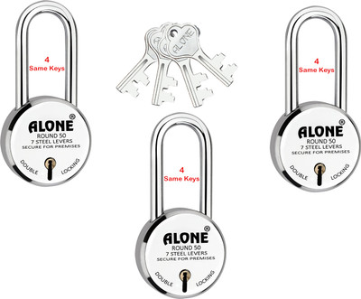 alone Round 50mm Long Neck 4 Same Keys 3 Padlocks for home door gate shutter shop Padlock(S.S, Chrome)