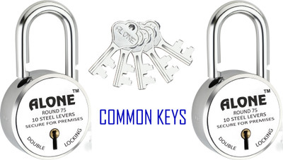 alone Round 75mm Lock for Home Gate Shop & Shutter, 5 Same Keys 2 Locks (pack 2) Padlock(Chrome)
