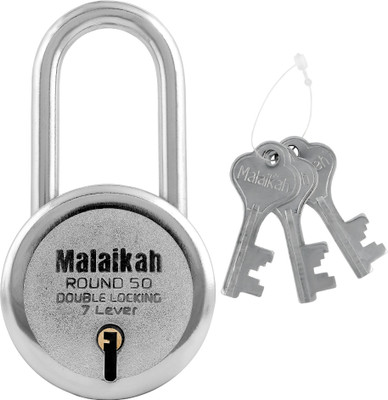 Malaikah Round 50 Long Shackle Double Locking 7 Lever With 3 Keys Pack Of 1 Padlock(Silver)