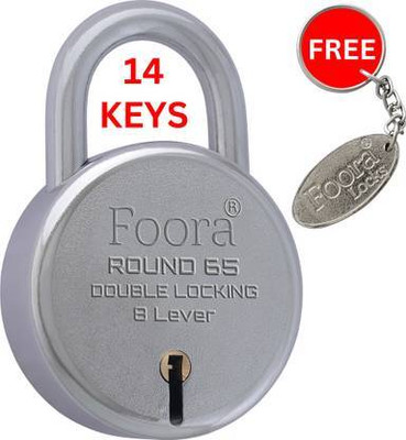 Foora 65 mm Round Padlock – Double Locking, 1 Key Chain, 14 Keys Padlock(Silver)