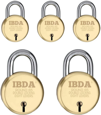 IBDA Pk of 5 | lock and key | 65mm lock combo | 8 Levers Technology | Brass Finish Padlock(Gold)