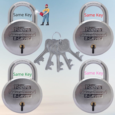 Foora Primeguard 65mm 8-Lever Steel Padlock with Hardened Shackle & 5 Keys (Pack of 4) Padlock(Silver)