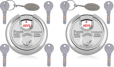 Foora Disc 90mm Shutter/Door Lock with 4 Hi-Tech Brass Keys Each, Hardened Shackle Padlock(Silver)