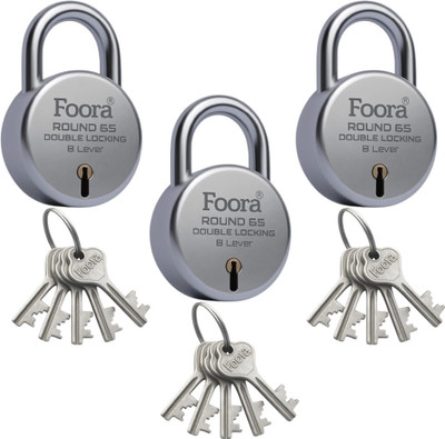 Foora Round 65 With 5 Keys (Pack of 3) – Double Locking Lock Padlock(Silver)
