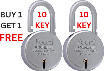 Foora Locks with 10 Key, Buy 1 Get 1 Padlock Round 65mm, Finish, 8 Lever Pack of 2 Padlock(Silver)