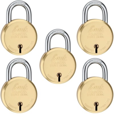 Link 8 Levers 65mm Round Brass Body| Hardened Shackle|Double Locking (Pack 5) Padlock(Gold)