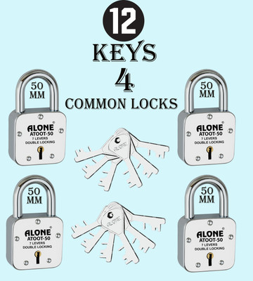 alone Atoot 50mm Padlock for Home Door Lock ,12 Same Keys 4 Locks (pack 4) Padlock(Chrome)