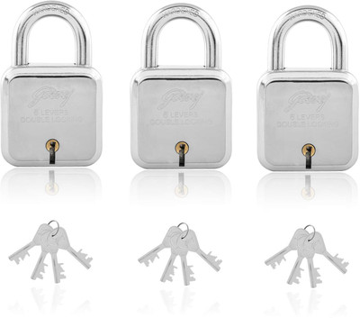 Godrej Locks Square Padlock with 6 Levers and 4 Keys (Pack of 3) Padlock(Silver)