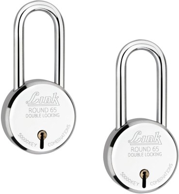 Link 65mm New Round Long Shackle Padlock|Iron Lever|50k Key Combinations(Pack of 2) Padlock(Silver)