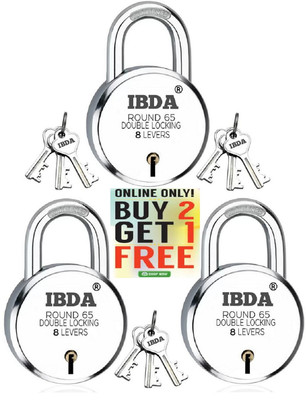 IBDA Round Lock 65mm 2+1 Pc.| Double Locking | 8 Levers' Technology | Rivetless Steel Padlock(Silver)