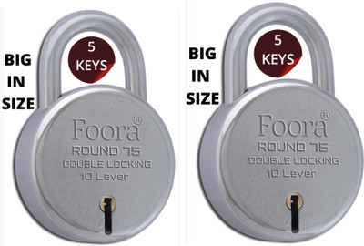 Foora Round 75mm Big Size Lock with 5 Keys Each,Double Locking, 10 Lever ( Pack of 2 ) Padlock(Silver)