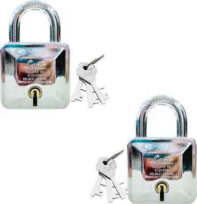 Link Square 60mm 8 Brass Levers|Hardened|Steel Body|Double Locking|(3Keys )Pack of 2 Padlock(Silver)