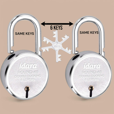 IDARA Round 65mm Same Key Lock Set - 2 Locks with 6 Same Keys for Home & Shop Security Padlock(Chrome)