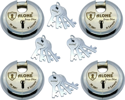 alone Iron Disc 90mm 4 Keys with Each 4 Padlocks Lock-Round, 9 Levers with Pack of 4 Lock(Iron)