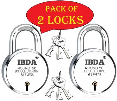 IBDA Round 50mm lock | PACK of 2 | Double Locking | 6 Levers' | Rivetless Steel Body Padlock(Silver)