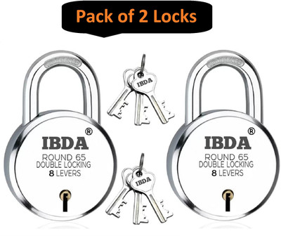 IBDA Round 65mm Lock 2 Pcs. | Double Locking | 8 Levers' Technology | Rivetless Steel Padlock(Silver)