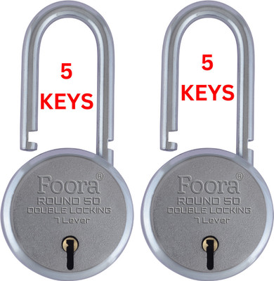 LINK O LINE Round 50 LS with 5 Keys, Extra Long Shackle, Double Locking, 7 Lever (Pack of 2) Padlock(Silver)