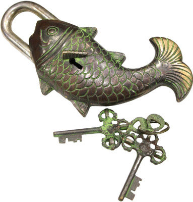 PRIME HOMES Brass Fish Lock With 2 Antique Keys Fish Shape Padlock Padlock(Black & Green)