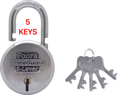 Foora PrimeGuard 65mm with 5 Keys, Hardened Shackle, 8 Lever Steel Padlock Padlock(Silver)