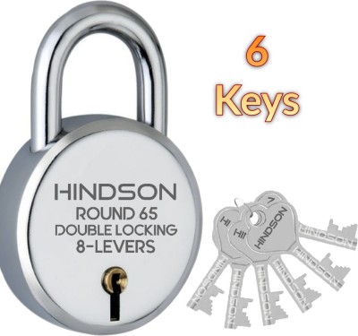 HINDSON Lock with 6 Keys Steel Round 65mm, 8 Levers, Silver Finish Padlock Padlock(Silver)