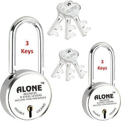 alone Round 65mm & 50mm Long Shackle Padlock for Home Gate Shop & Shutter, D/L 3 Keys Padlock(Chrome)