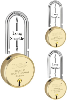 IBDA long shackle | small lock & key |Double Locking| Pk of 3 | Rivetless Steel Body Padlock(Gold)