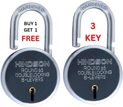 HINDSON Round 65mm Double Locking, 8 Levers with 3 Iron Key, Pack of 2 Padlock(Silver)
