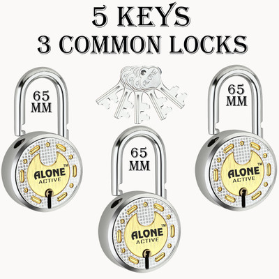 alone Active 65mm Lock with common key, 3 Padlock with 5 Same Keys, 8 Steel levers Padlock(Chrome)