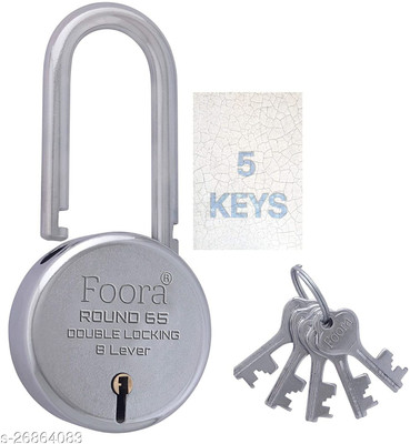 Foora Round Padlock 65 mm – Heavy-Duty 8 Lever Security, Double Locking, 5 Keys Padlock(Silver)