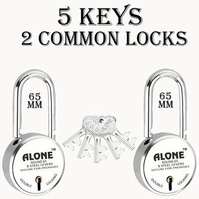 alone Long Shackle Round 65mm Padlock for Home, Shop & Shutter, 5 Same Keys 2 Locks Padlock(Chrome)