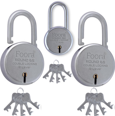 Foora Lock with 5 Key, Round 65mm Pack 2 Get 50mm Long Padlock , Finish, 8 Lever Padlock(Silver)