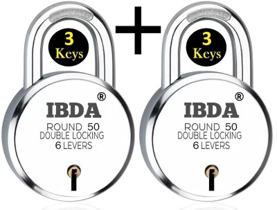 IBDA small lock 50mm | PACK of 1+1 | Double Locking | 6 Levers'| Rivetless Steel Body Padlock(Silver)