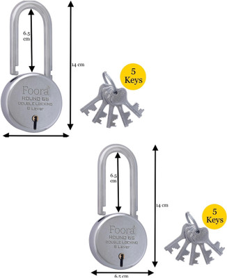 Foora (Pack 2)Round 65 LS with 5 Keys Each, Long Shackle, 8 Lever, Double Locking Padlock(Silver)