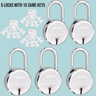 IDARA Round 65mm Same Key Lock Set - 5 Lock with 15 Same Keys for Home & Shop Security Padlock(Chrome)