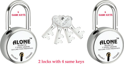 alone Round 50mm Lock for Home Gate Shop & Shutter, 4 Same Keys 2 Lock (Pack2) Padlock(Silver, Chrome)