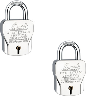 Link Atoot Extra 50m Triple Locking Mechanism Padlock, Hardened Shackle,(Pack of 2) Padlock(Silver)