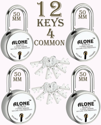 alone Round 50mm Lock for Home Gate Shop & Shutter, 12 Same Keys 4 Lock (pack 4) Padlock(Chrome)