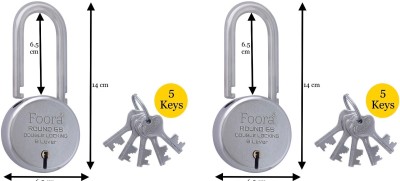 Foora (Pack of 2) Round 65 LS with 5 Keys Each, Long Shackle, Double Locking Padlock(Silver)